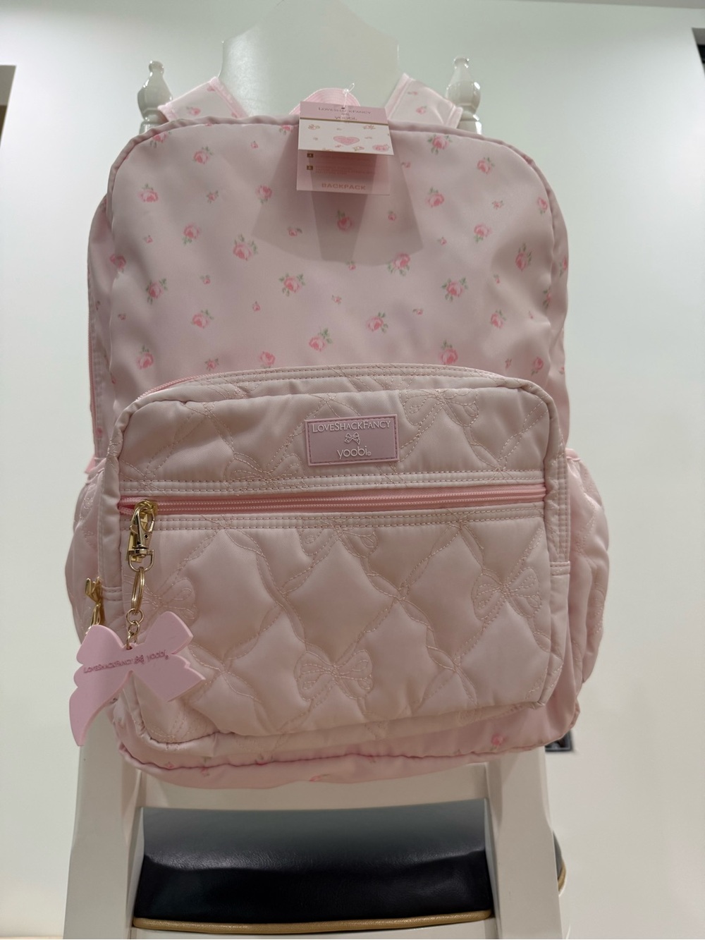 LoveShackFancy Pink Quilted Kids Backpack with Floral Accents
